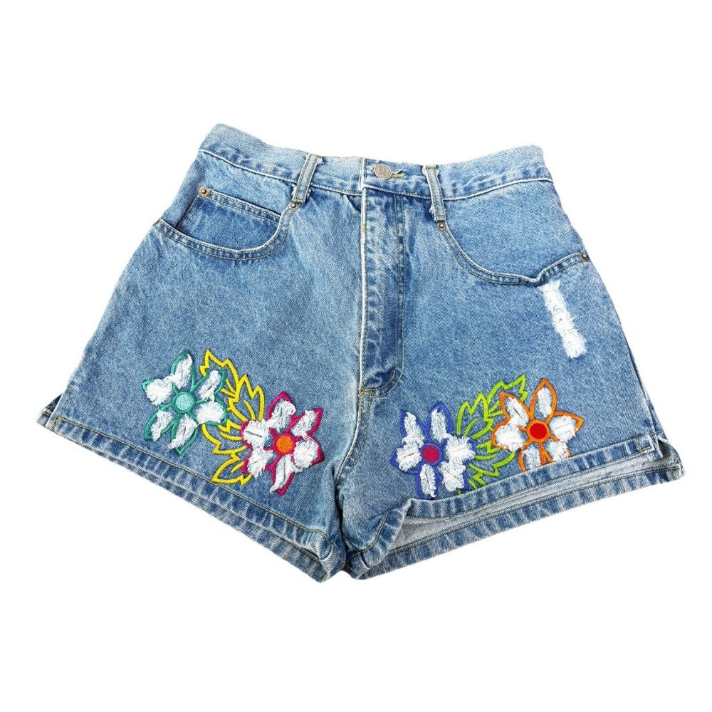 VTG 90s Nada Nuff Sz 7 (24" Waist) Denim Shorts 3D Floral Design 100% Cotton EUC